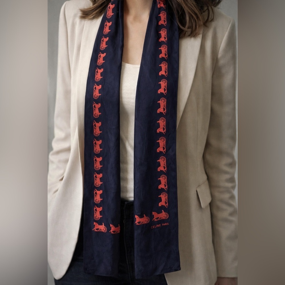 Celine Paris Navy and Red Silk Long Scarf